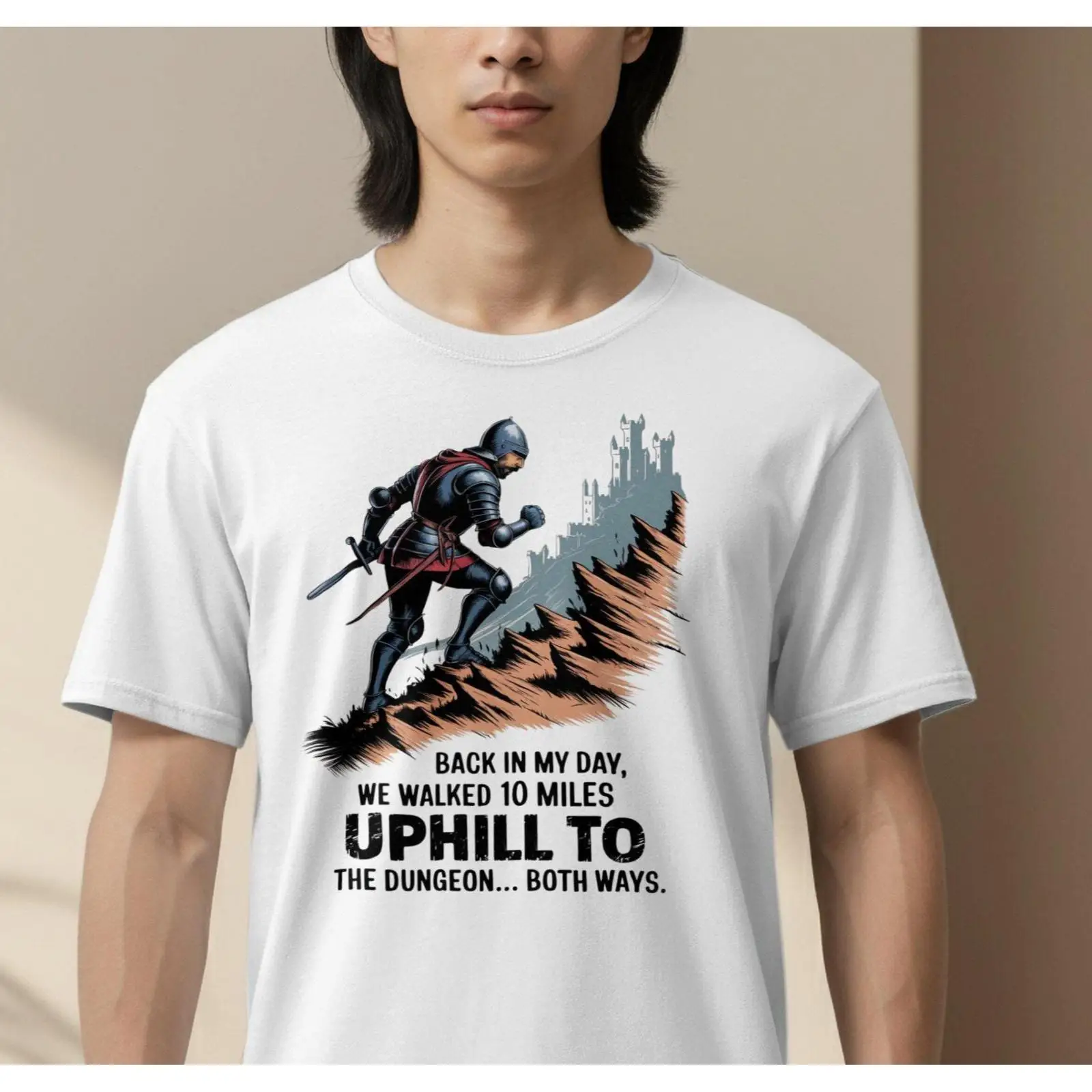 Retro Gaming Ideas - Lustiges Ritter-T-Shirt, Uphill Dungeon Walk, Humor,